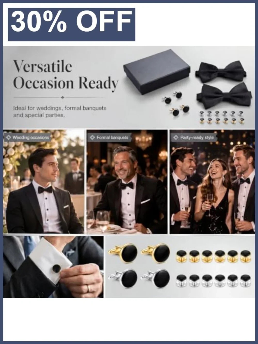 Tuxedo Cufflinks & Studs Set with Bow Tie, 16k Gold Plated Brass Formal